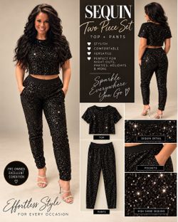 Black Sequin Two-Piece Set Top and Pants