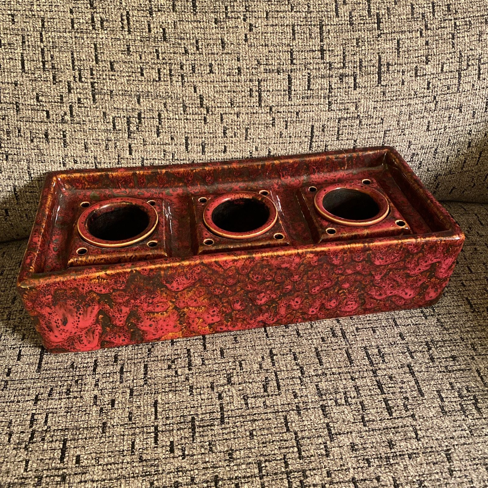 Beautiful Red Speckled Ceramic Triple Votive Candle Holder