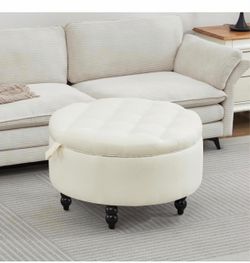 24 Inch Fabric Round Ottoman with Storage, Modern Upholstered Button Tufted Ottoman Coffee Table with Tray Lid, Circle Footstool with Storage for Livi