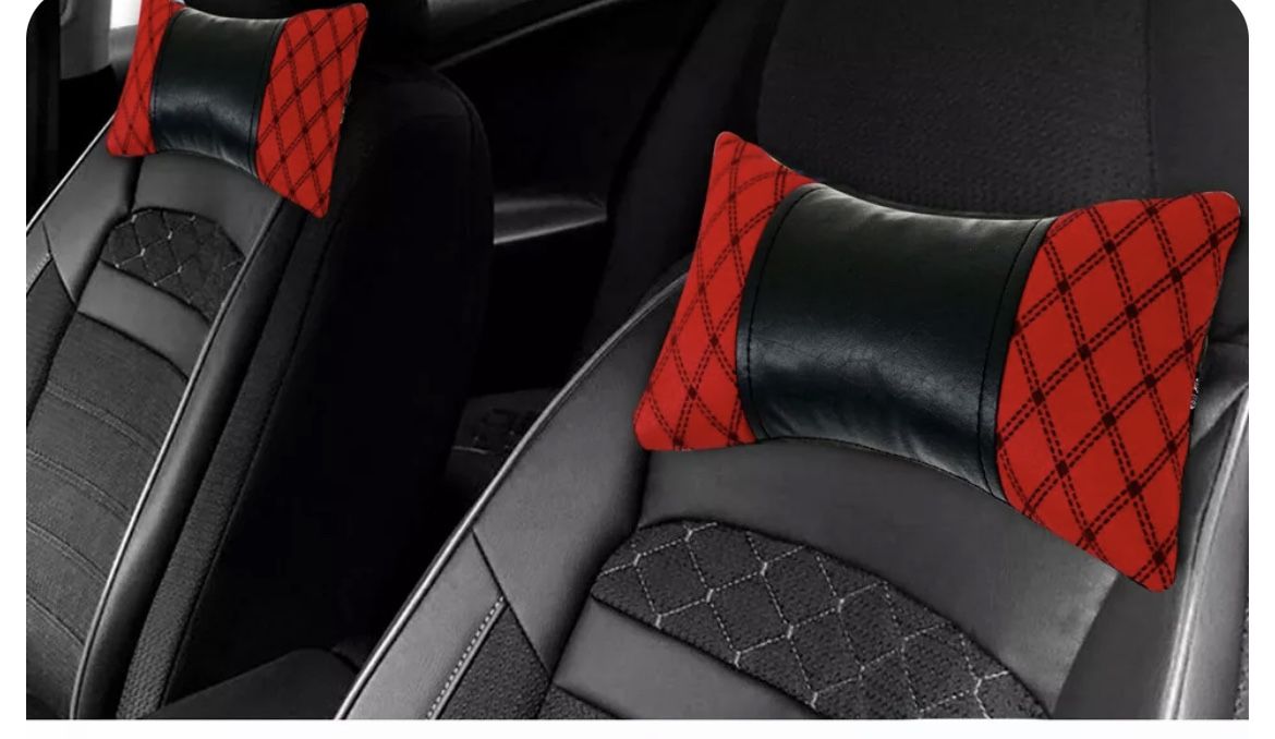 Omac - 2x Car Seat Neck Pillow Head Shoulder Rest Pad Fabric and PU Leather Red Black