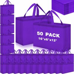 50 Pack Reusable Large Bags Non Woven Shopping Bags w/ Handles Foldable Portable Tote, 16x6x12 - Purple