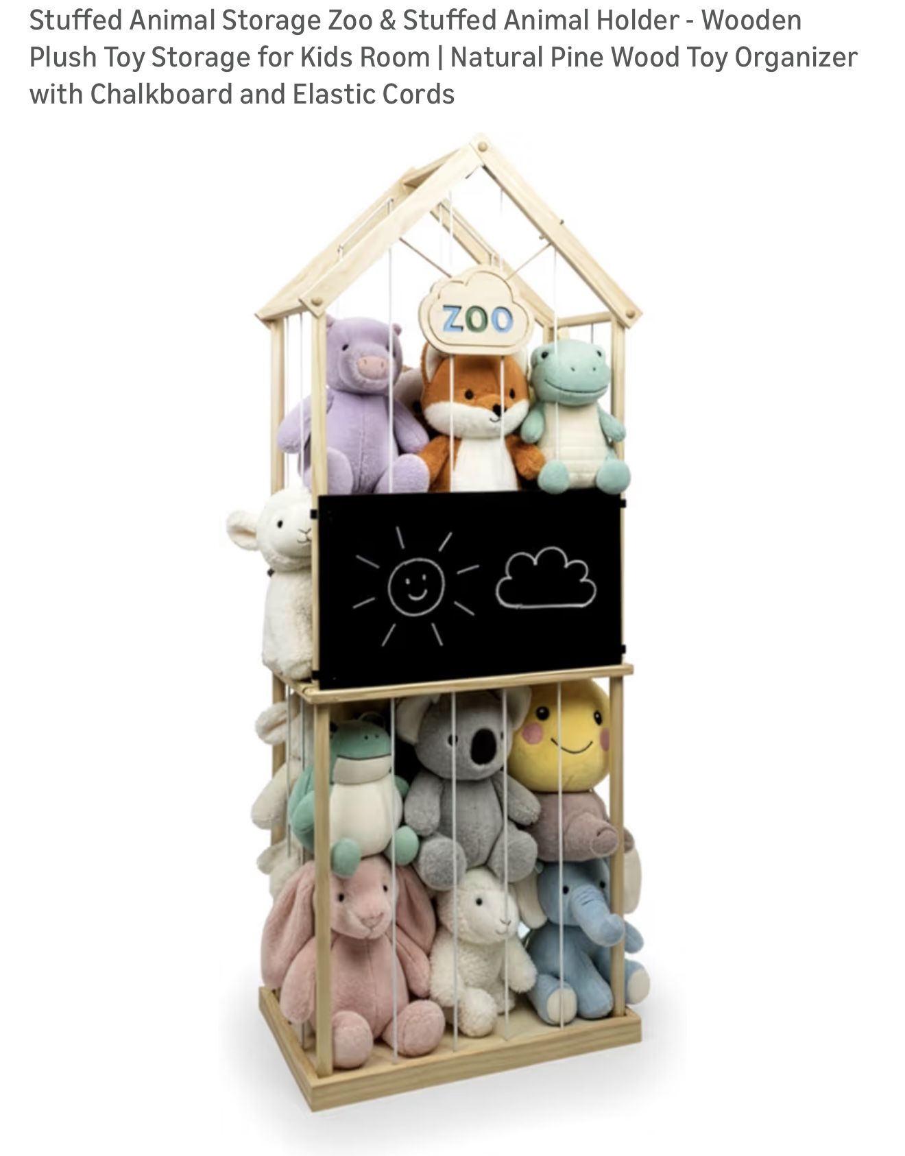 Stuffed Animal Storage Zoo & Stuffed Animal Holder - Wooden Plush Toy Storage for Kids Room | Natural Pine Wood Toy Organizer with Chalkboard and Elas