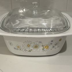 1973 Corning Ware Floral Bouquet 5 Quart Dutch Oven With Original Clear Glass Domed Lid P-12-C & Metal Rack, P34B 