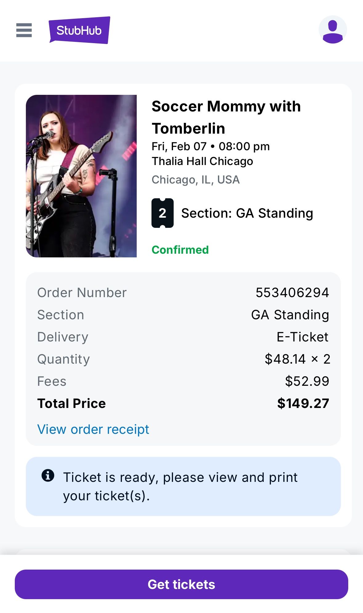 Soccer Mommy Thalia Hall February 7 Two Tickets GA