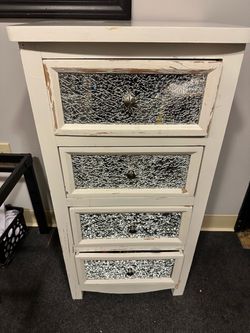 Distressed White 4-Drawer Mirrored Accent Chest — $75