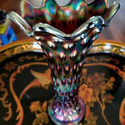 Antique Fenton Irridescent Carnival Glass Peacock Feathers Vase 9" Tall