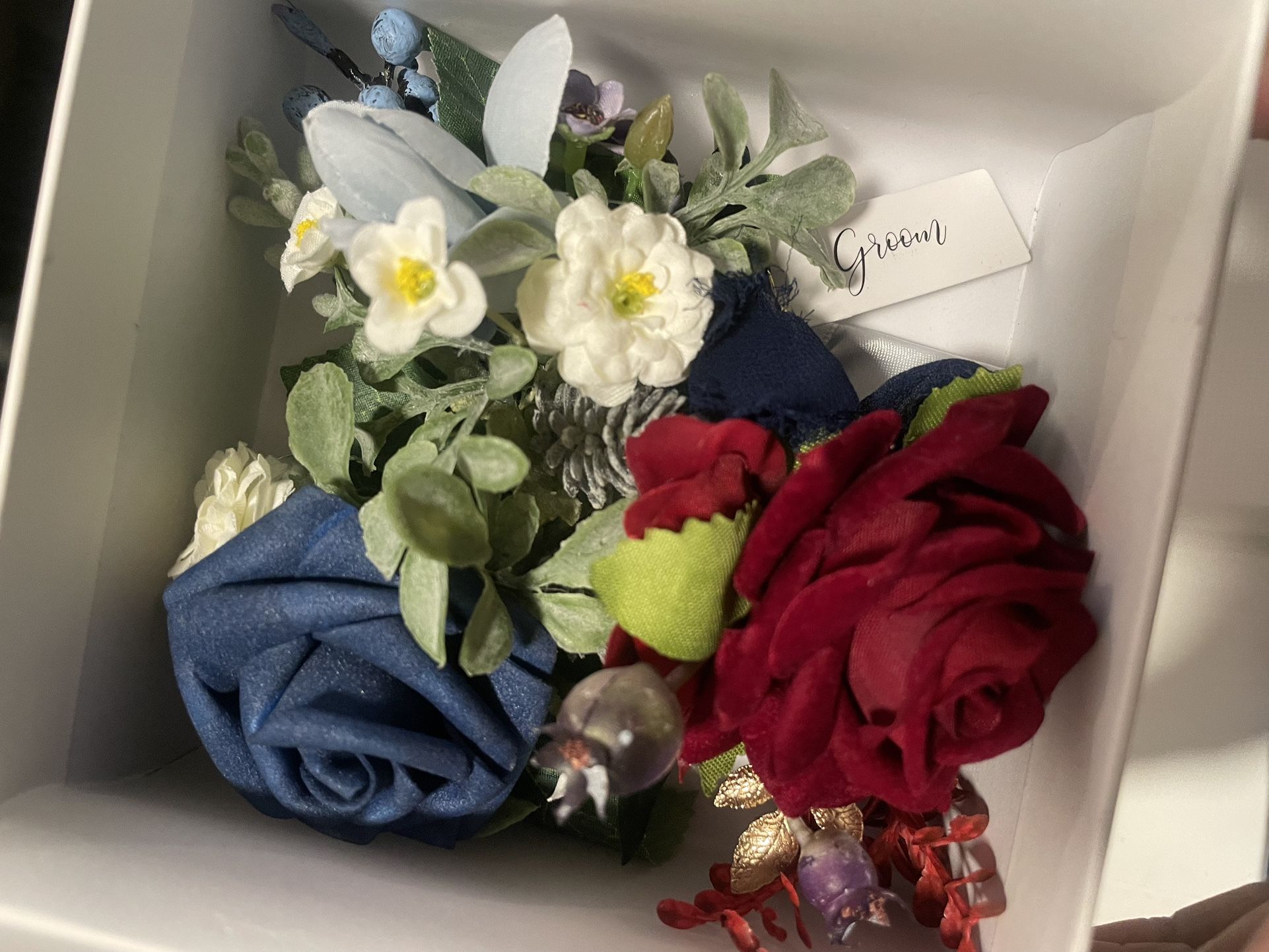 Ling’s Moment Dusty Blue Groom Boutonnière (with Red Bonus)