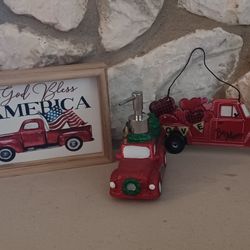 Red pickup truck decor:  framed plaque, lotion/soap dispenser, metal sign All For $6