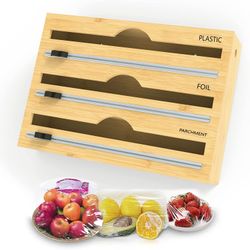 3 in 1 Foil and Plastic Wrap Organizer with Cutter and Labels for Saran Wrap, Aluminum Foil, Wax Paper and Plastic Wrap Dispenser Compatible with 12" 