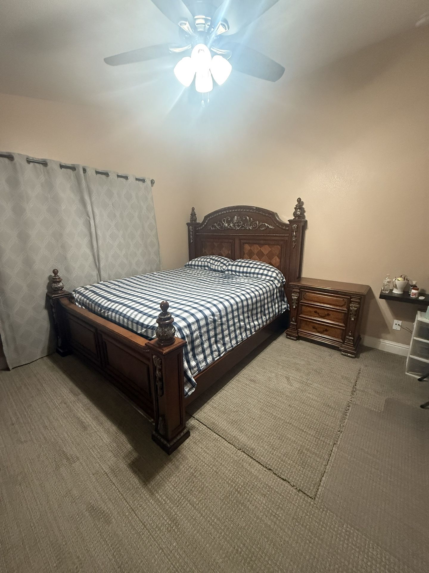 Cal King Size Bed with Nightstand and Dresser