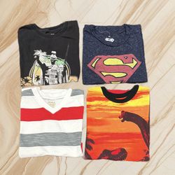 BUNDLE OF 4 BOYS T SHIRTS CIRCO DINOSAUR. DC SUPERMAN LOGO NAVY FADED GLORY STRIPED QUIKSILVER HAWÁI T-SHIRTS SIZE 7