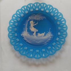 Vintage Glass Lattice Blue Glass Hand Painted Mary Gregory Theme Signed S Miller