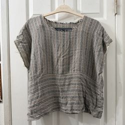 Raquel Allegra French Striped Boxy Fray Pop Over Top Blouse