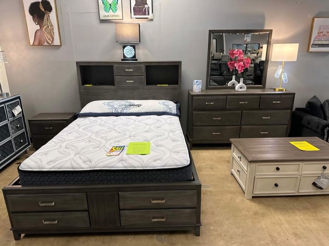 Gray Bookcase Storage Platform Bedroom Set/ Dresser, Mirror, NightStand, Bed/ Queen And King Size Available