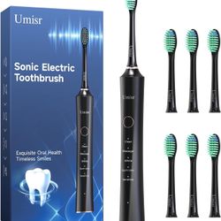 Electric Toothbrush,Rechargeable Sonic Electronic Toothbrush for Adults,with 6 Replacement Heads,5 Modes,2 Minutes Timer,IPX7 Waterproof,Black