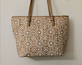 Miztique Extra Large Boho Cork Tote Bag Tan/Cream Laser Cut Geometric  Vegan