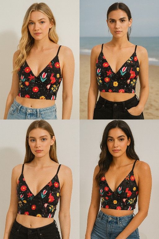 Floral Embroidered Black Crop Top