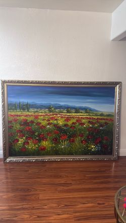 $60 Large Framed Poppy Field Landscape Painting