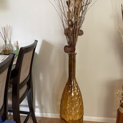 40” TALL VASE WITH DRIED FLOWERS, PODS AND WOOD PICKS