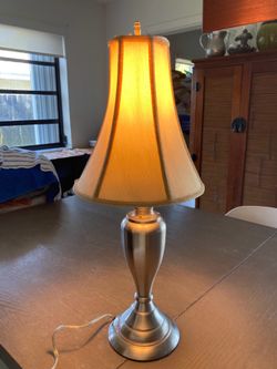 ELEGANT. 26”  SILVER  LAMP  WITH  SILK ANTIQUE  LAMPSHADE