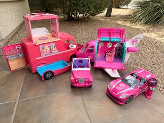 Barbie car, jeep, bus and airplane