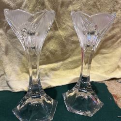 Set Of 2 Beyer Frosted Crystal Tulip Novelette Candlestick Holder