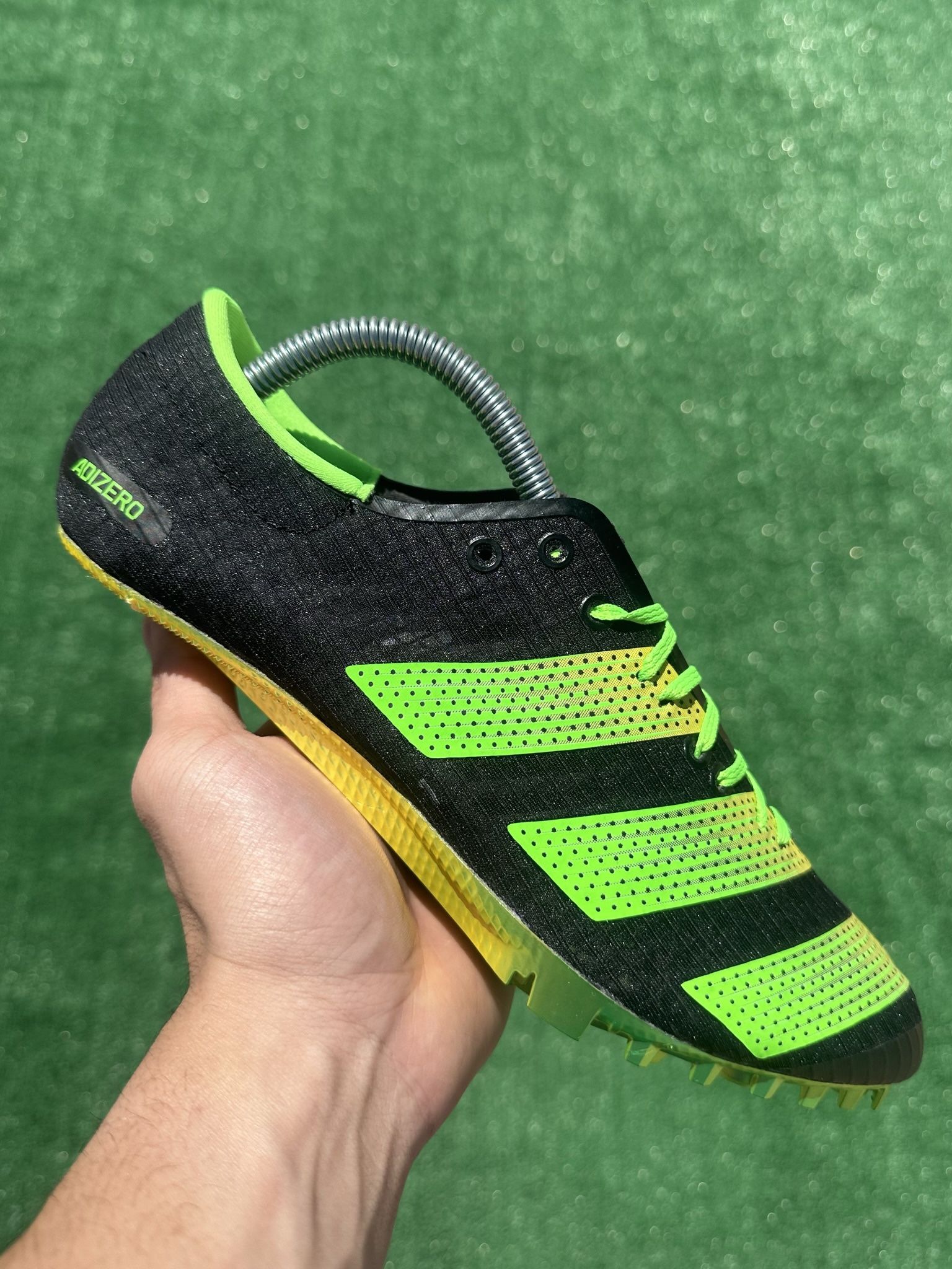 ADIDAS ADIZERO FINESSE “BLACK / SOLAR GREEN” TRACK SPIKES (Size 9, Men’s)