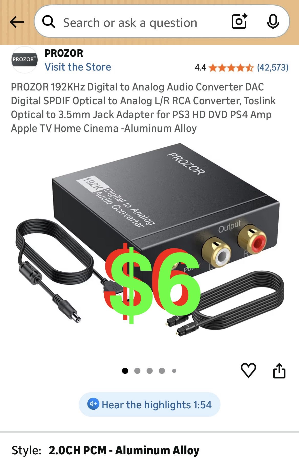 192KHz Digital to Analog Audio Converter DAC Digital SPDIF Optical to Analog L/R RCA Converter, Toslink Optical to 3.5mm Jack Adapter for PS3 HD DVD P
