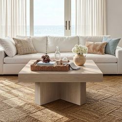33.4 Inches Square Coffee Table for Living Room, Wood Center Table with a Large Tabletop and Wooden Pedestal Base for Apartments, Easy Assembly, Recta