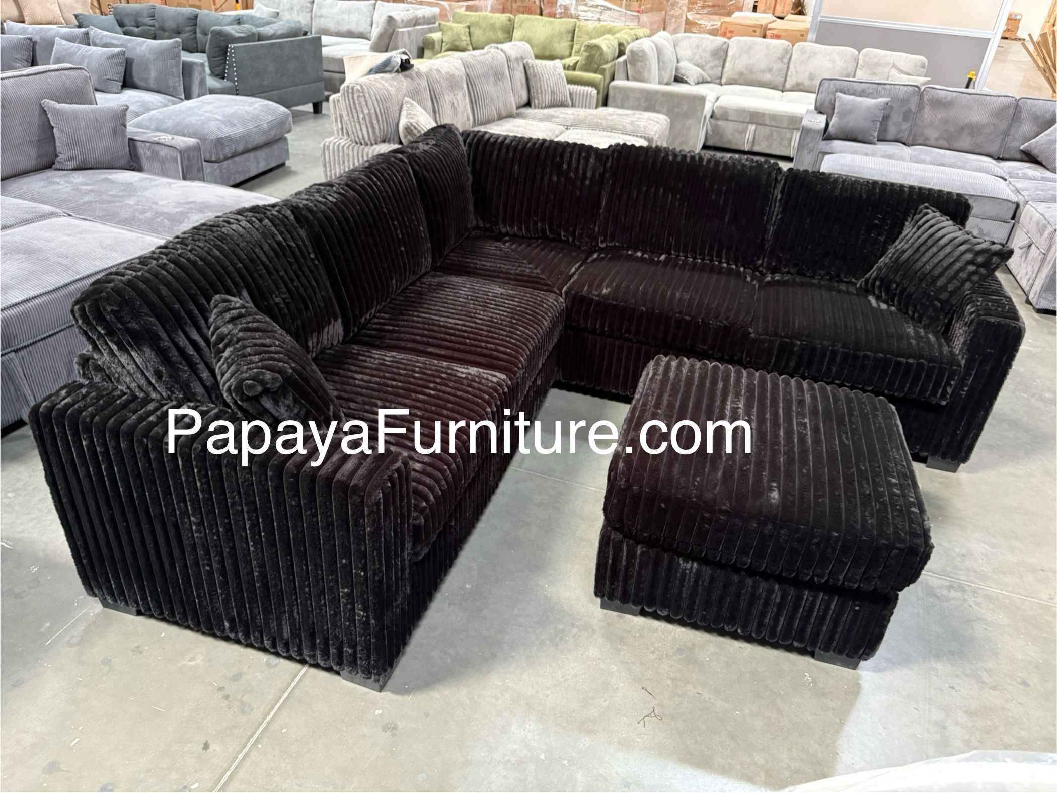 New! Ultra Plush Black Sectional And Ottoman, Sectional Couch, Sofas, Sectionals, Corduroy Sectional, Black Sofa, Black Corduroy Couch,Living Room Set