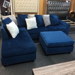 Cindy Blue Velvet Reversible Sectional / couch /Living room set