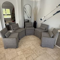 5 Restoration Hardware LOW BELGIAN SLIPCOVERED TRACK ARM DINING SIDE CHAIRS grey/ gray. RH Dining chairs. 