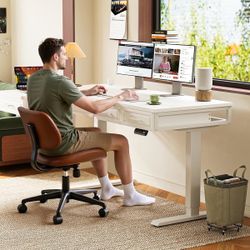 L Shaped Electric Standing Desk with Wooden Drawers, 55 Inch Height Adjustable Corner Workstation with Power Outlets, Sit Stand Table for 