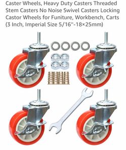 Caster Wheels, Heavy Duty Casters Threaded Stem Casters No Noise Swivel Casters Locking Castor Wheels for Funiture, Workbench, Carts (3 Inch, Imperial