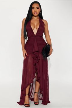 Alessandra Ruched Ruffle Gown - Burgundy - L