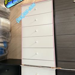 Tall Jumbo Five Drawer Chest Dresser White With Pink Trim 