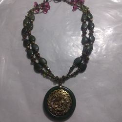 Vintage Jade And Gold-plated Necklace And Pendant With A Dragon In The Center Pendant Round 2 In Necklace Lent 22-in Use
