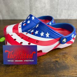 NEW Crocs Classic American Flag Clogs Men’s Size 4 / 6W 205974-90H USA Patriotic Slip-On / MSRP $54 USD