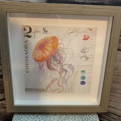 Jellyfish Watercolor Design Shadow Box Artwork W/shells Accents, Woodgrain Frame