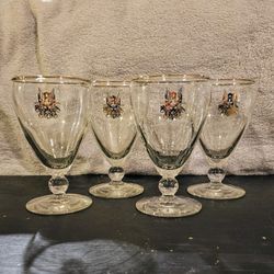 Vintage Eagle Emblem Stemmed Water Glasses With Gold Rim, Set Of 4