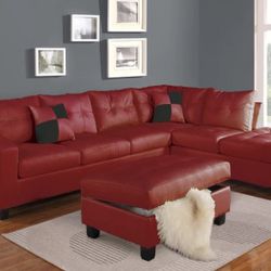 Kiva Red Bonded Leather Match Sectional Sofa w/2 Pillows


