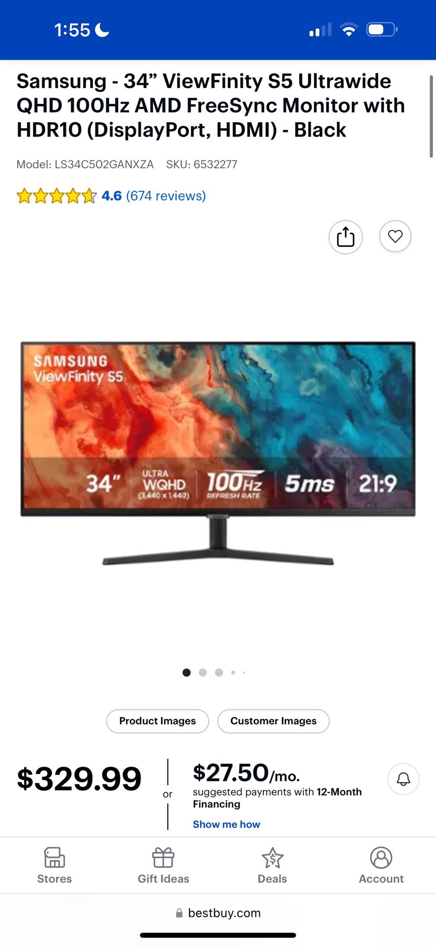 Samsung - 34” ViewFinity S5 Ultrawide QHD 100Hz AMD FreeSync Monitor with HDR10 (DisplayPort, HDMI) - Black