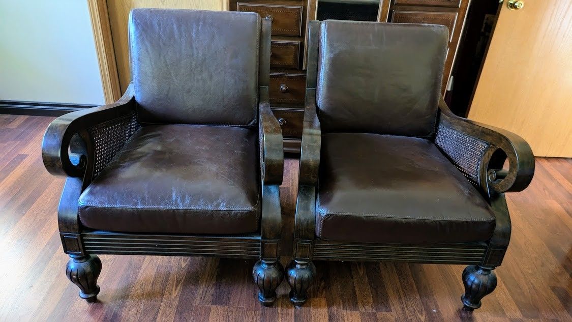 Pair of Solid Wood Accent/Arm Chairs with Leather Cushions
