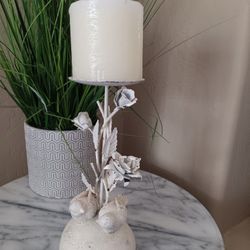 $8 Metal White Candle Holder with Birds and Roses. Heavy Base. Candle NOT Included 