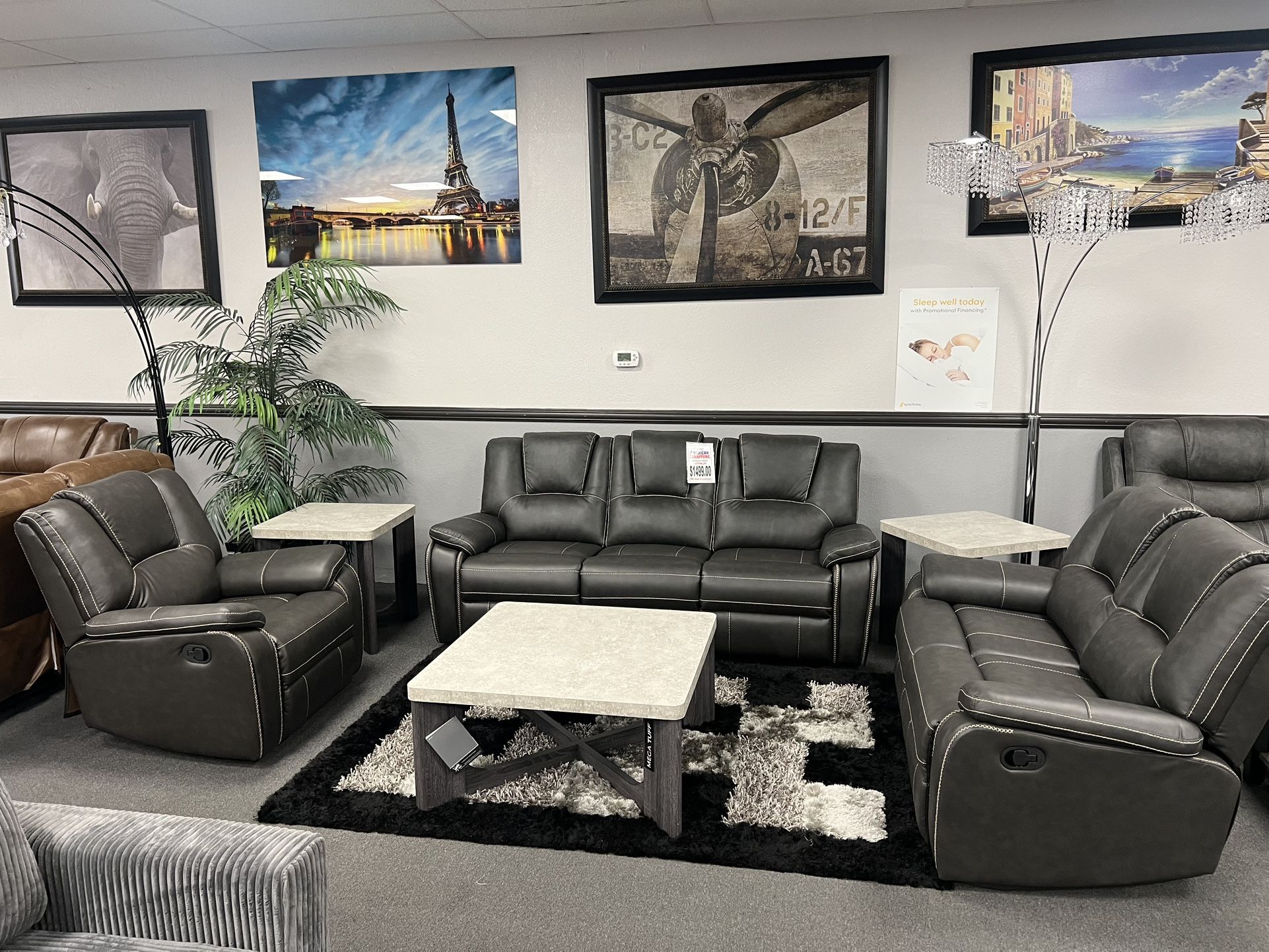 2PC Gray Leather Sofa & Loveseat w/ FREE Recliner Chair