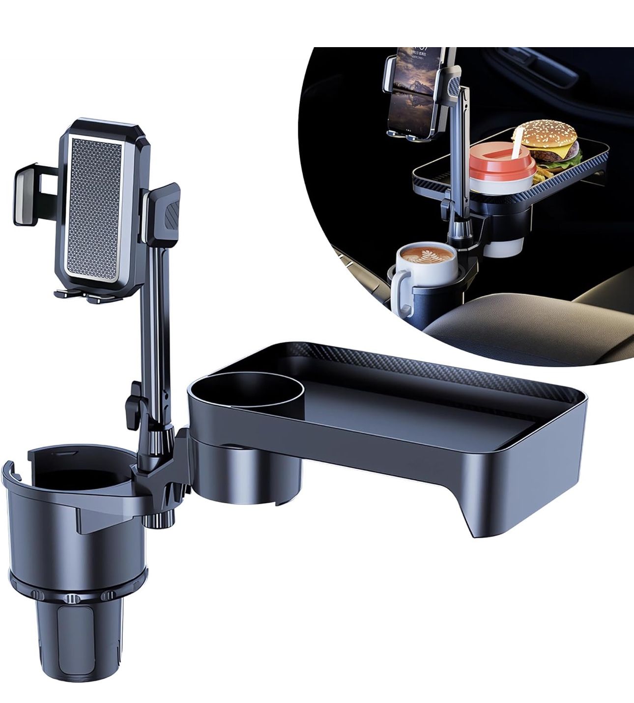 4 in 1 Car Cup Holder Expander Tray with Phone Mount for Car, Multifunctional and Detachable Car Food Tray with 360°Rotation Adjustable Base, Car Cup