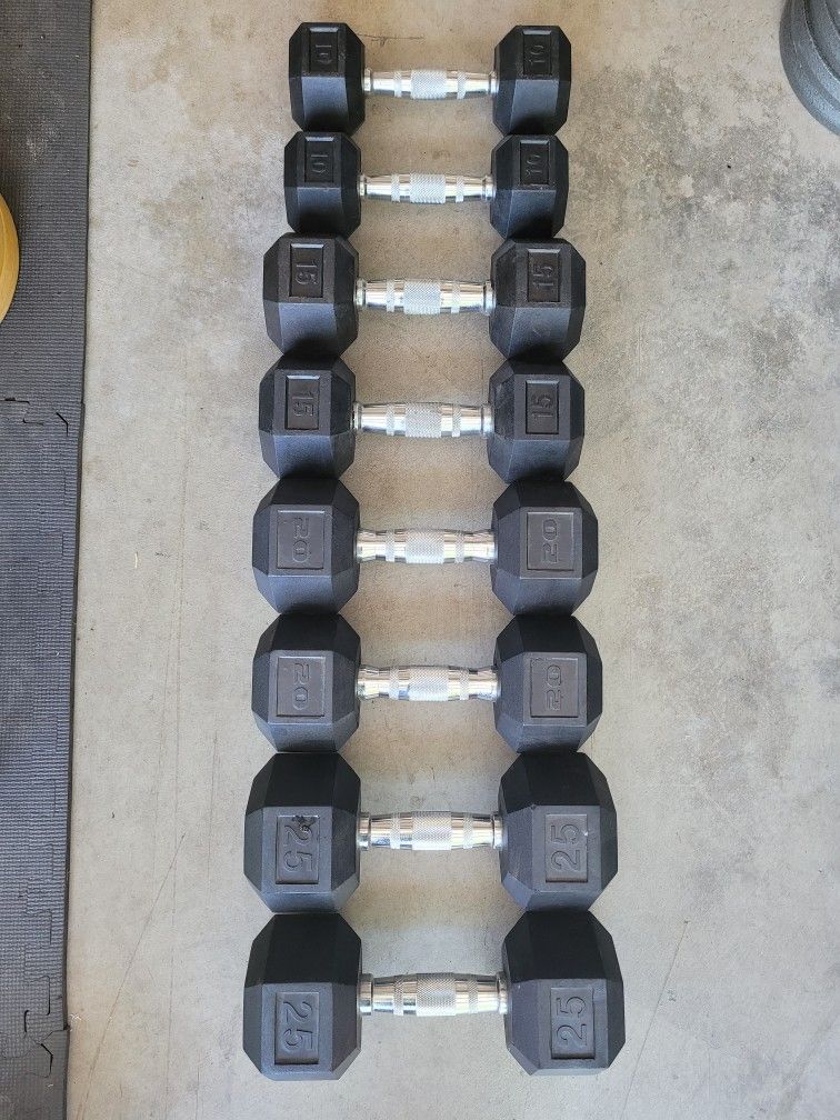 Rubber Coated Hex Dumbbells (2x10Lbs,2x15Lbs,2x20Lbs,2x25Lbs) for $140 Firm (WALNUT 91789)