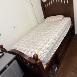 Classic Dark Wood Twin Bed Frame with Built-In Storage