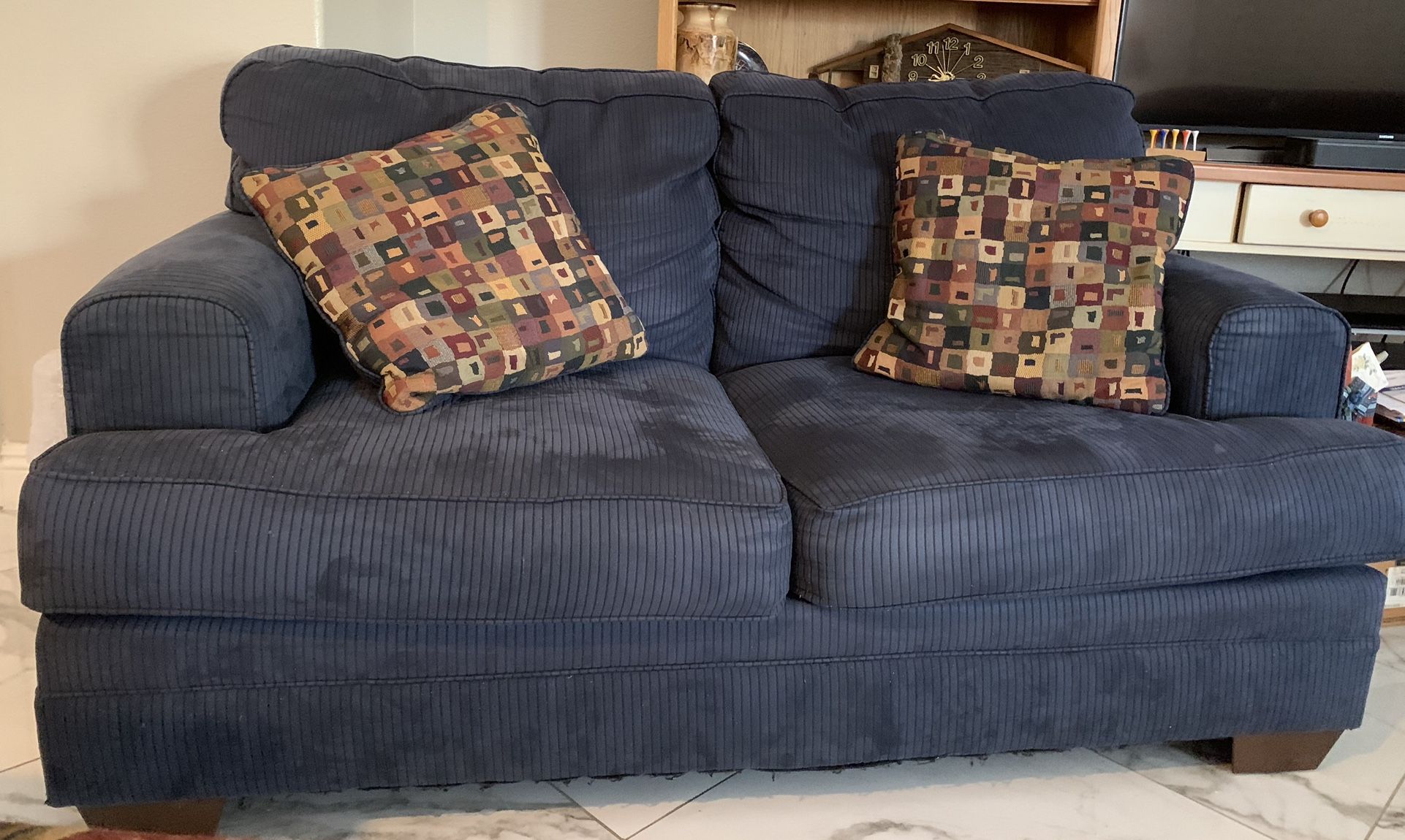 Blue Corduroy Loveseat From Ashley Furniture + 2 Throw Pillows