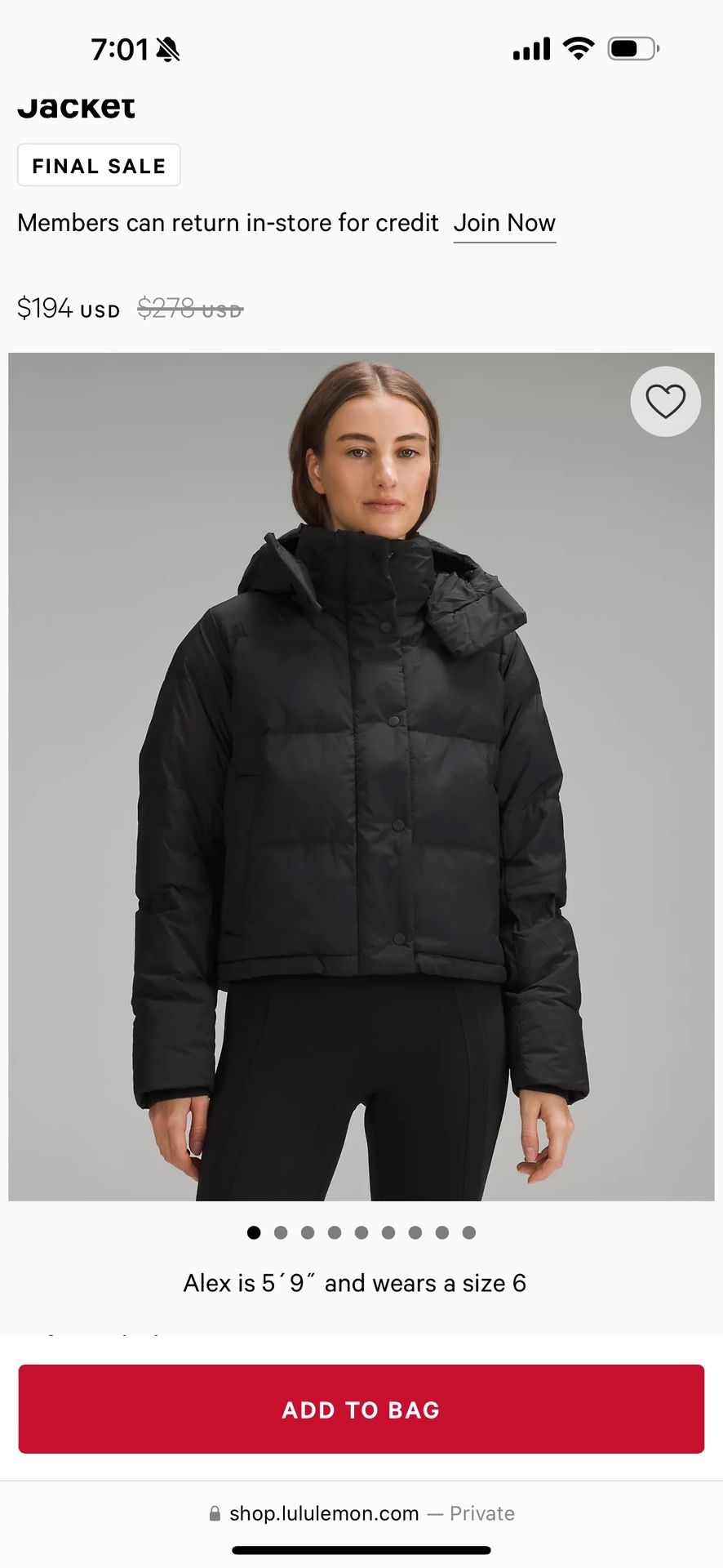 Lulu Lemon Wunder Puff Cropped jacket